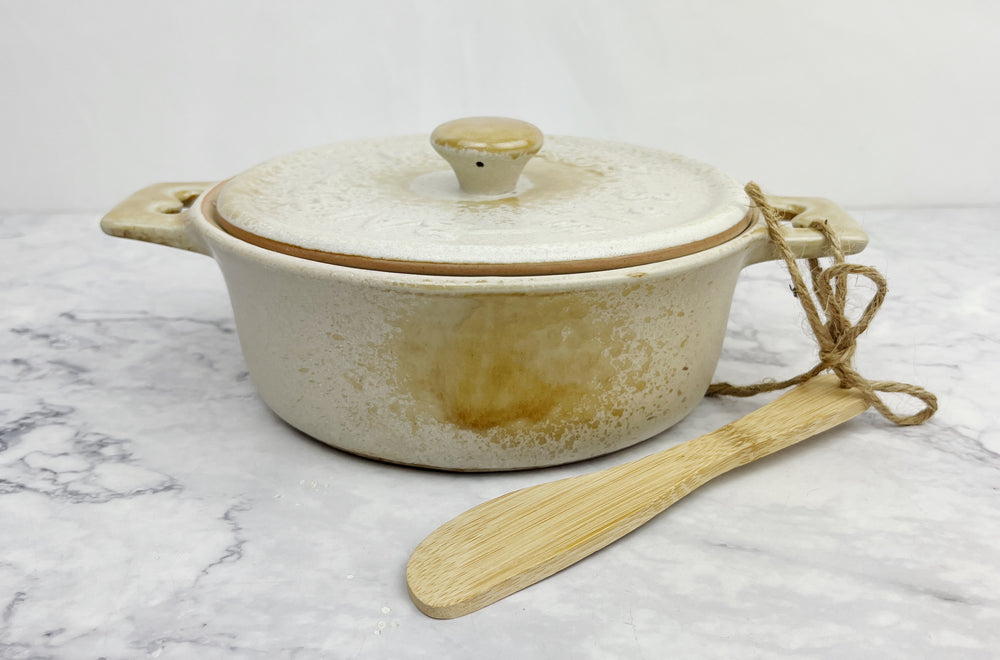 Yellow and Cream Brie Baker with Lid and Wooden Spreader