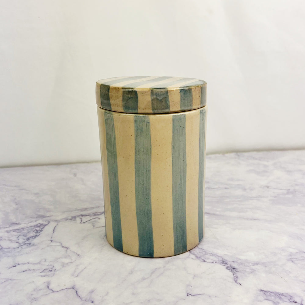 Blue and Tan Striped Jar With Lid