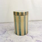 Blue and Tan Striped Jar With Lid