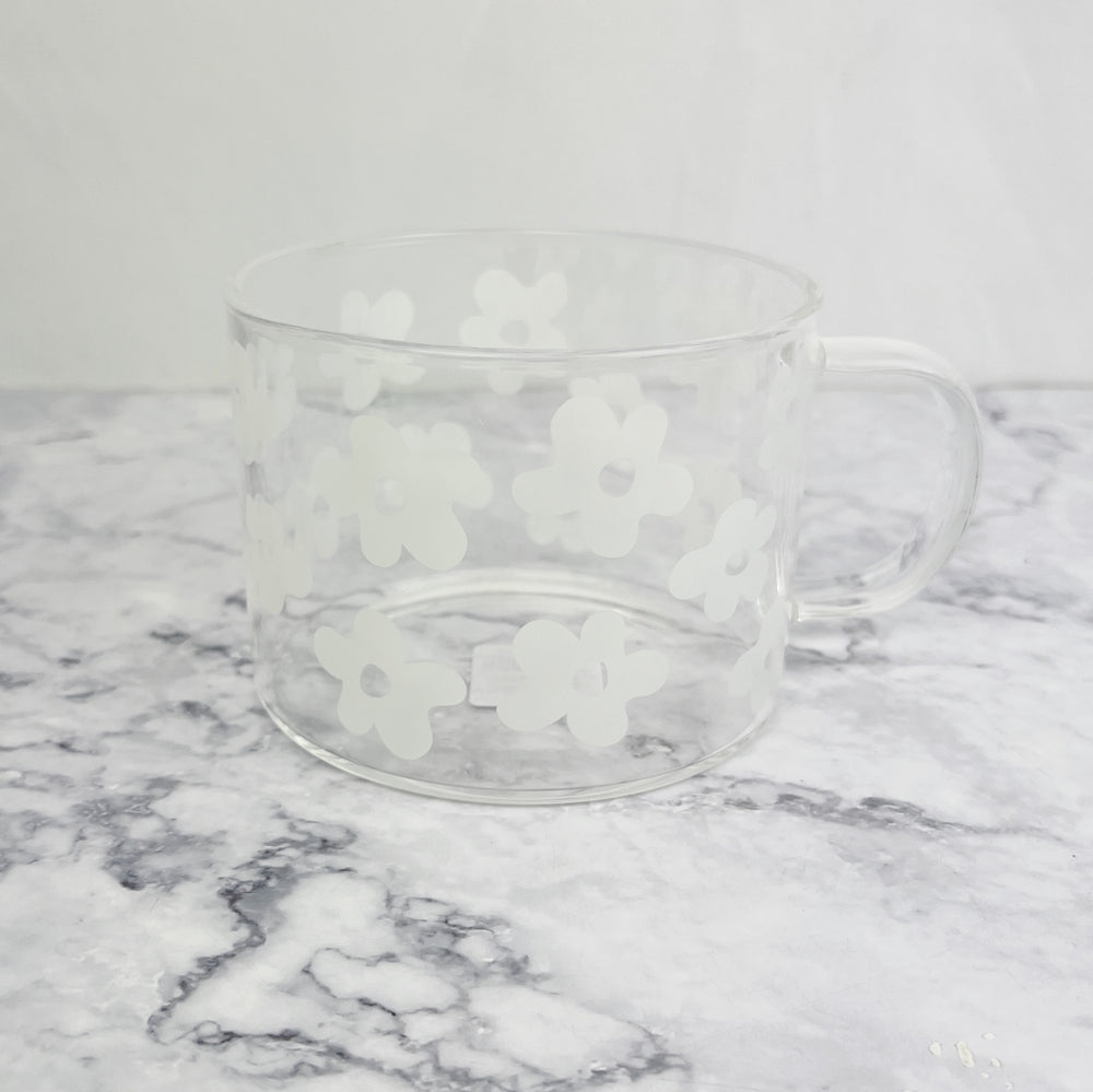 Glass Mug with White Flowers