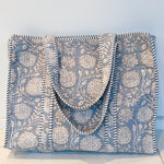 Blue Dahlia Printed Boho Bag with Striped Piping