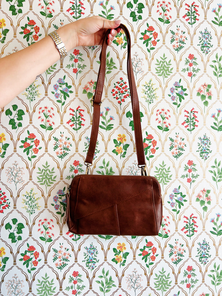 Vegan Crossbody Clutch with Woven Wristlet Strap - Saddle