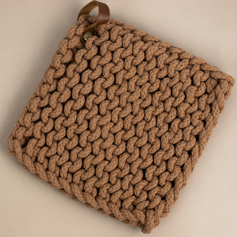 Woven Cotton Pot Holder With Leather Loop