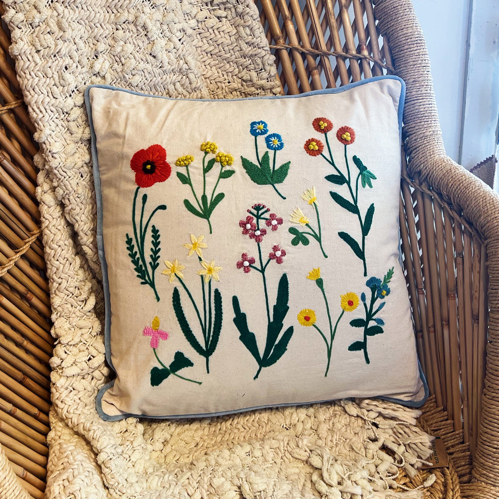 Embroidered Meadow Flowers Square Pillow