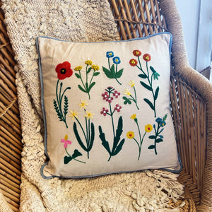 Embroidered Meadow Flowers Square Pillow