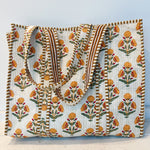 White Cotton Floral Printed Boho Bag with Striped Piping