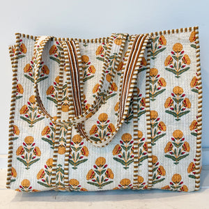 White Cotton Floral Printed Boho Bag with Striped Piping