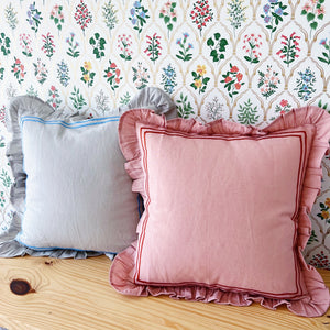 Square Ruffled Pillow With Embroidered Double Stripe