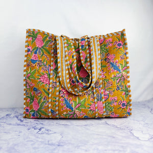 Mustard Floral Paradise Printed Boho Bag with Striped Piping
