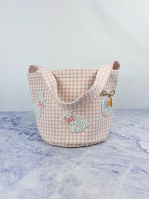 Pink Gingham Beaded Bucket Bag