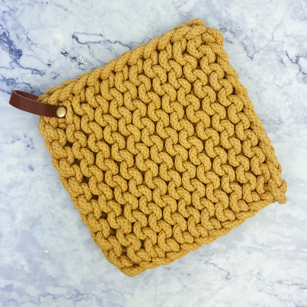 Woven Cotton Pot Holder With Leather Loop