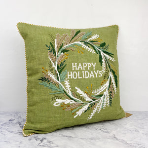 Embroidered Happy Holidays Wreath Pillow