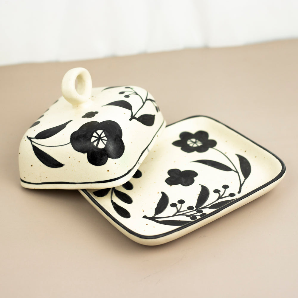 Black and White Hand Painted Butter Dish
