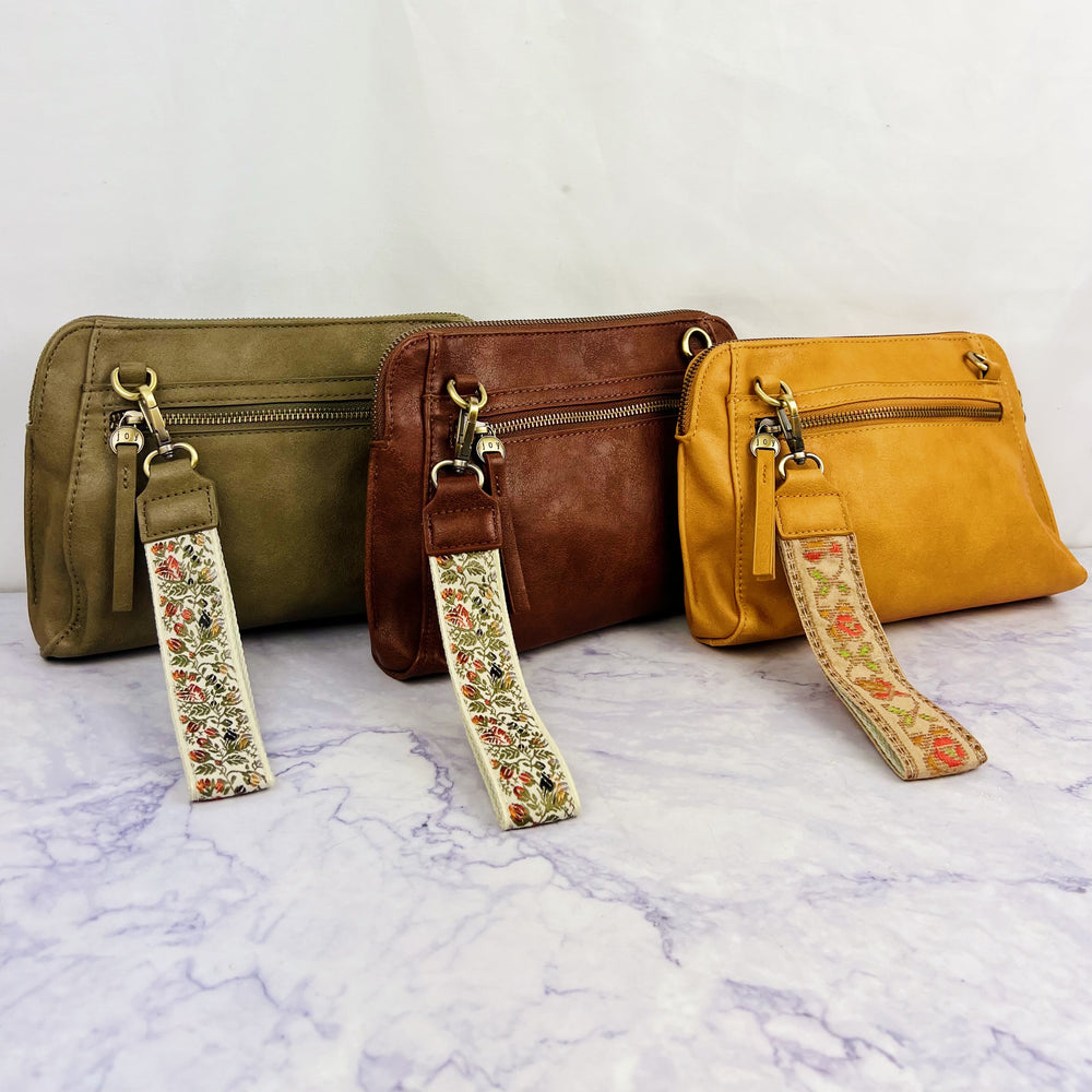 Vegan Crossbody Clutch with Woven Wristlet Strap - Saddle
