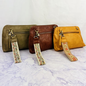 Vegan Crossbody Clutch with Woven Wristlet Strap - Saddle