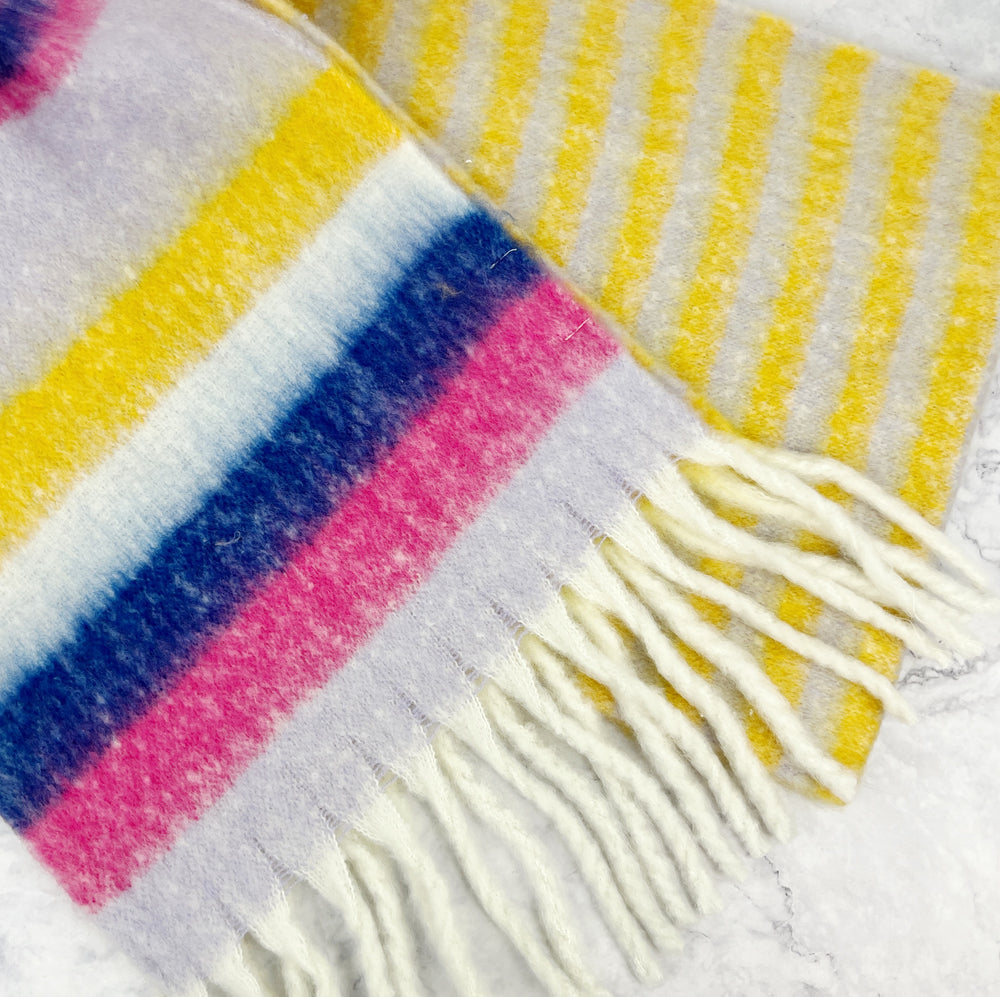 
                
                    Load image into Gallery viewer, Yellow and Lilac Striped Scarf
                
            