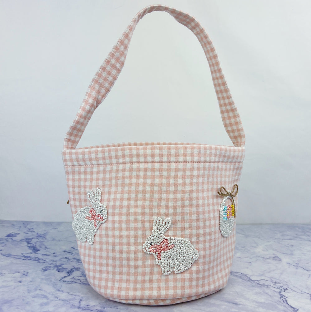 Pink Gingham Beaded Bucket Bag