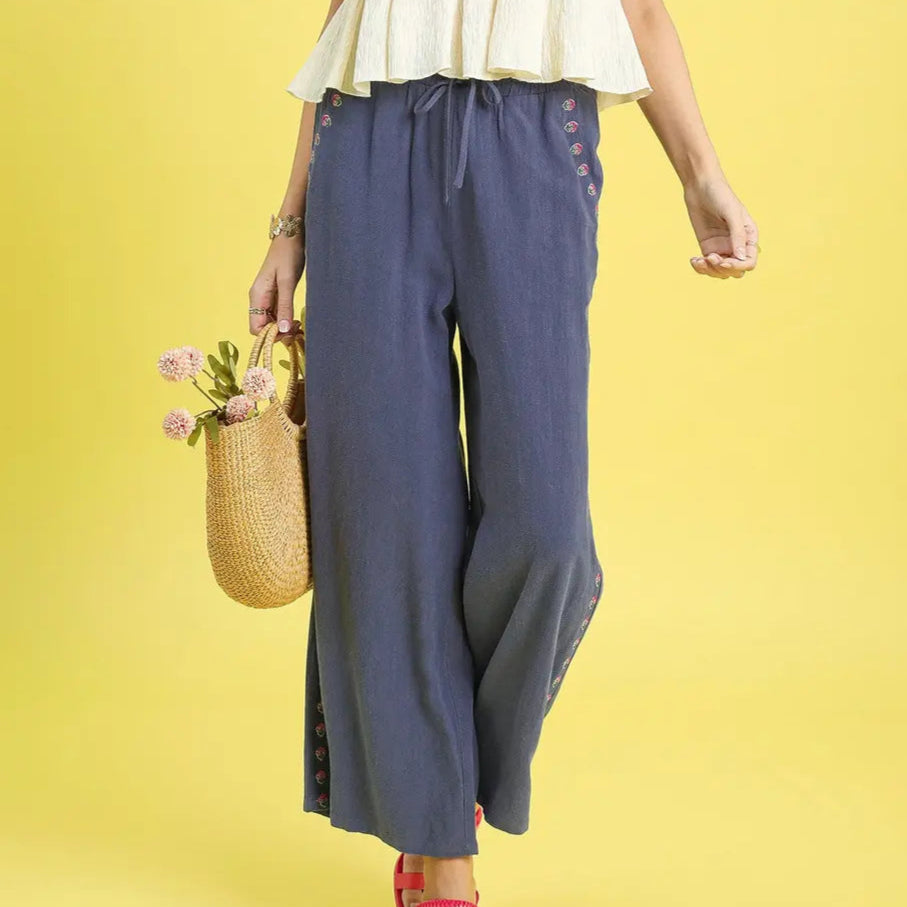 Slate Blue Embroidered Linen Pant