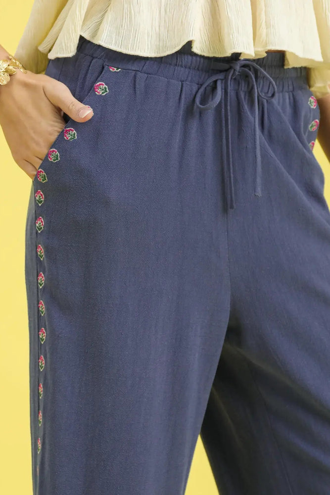 Slate Blue Embroidered Linen Pant