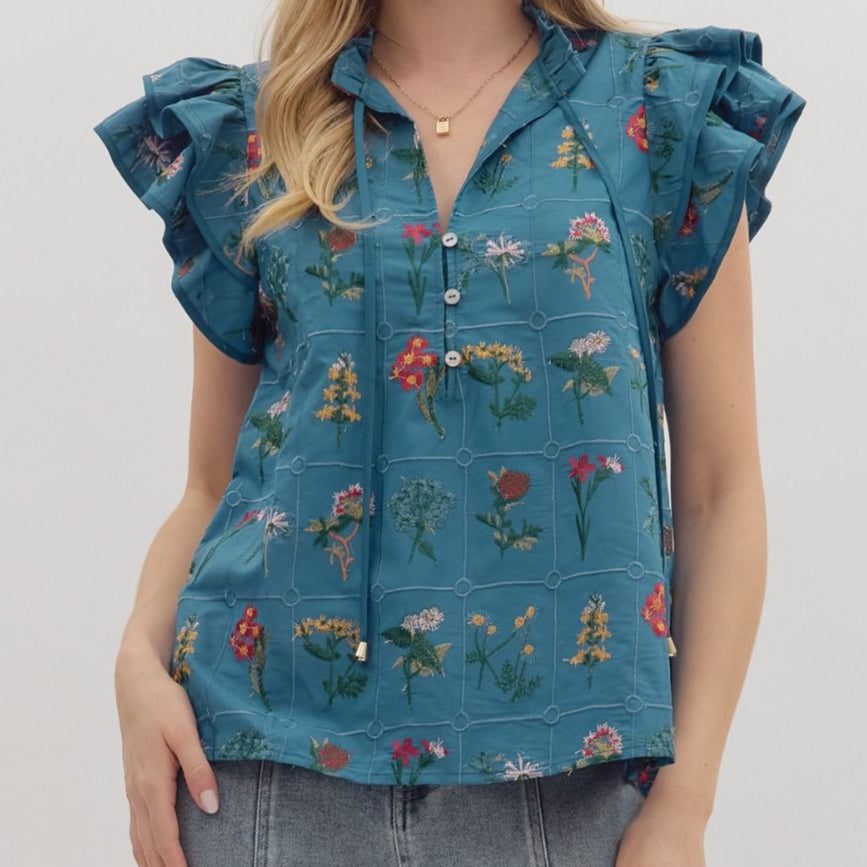 Embroidered Floral Blue Top