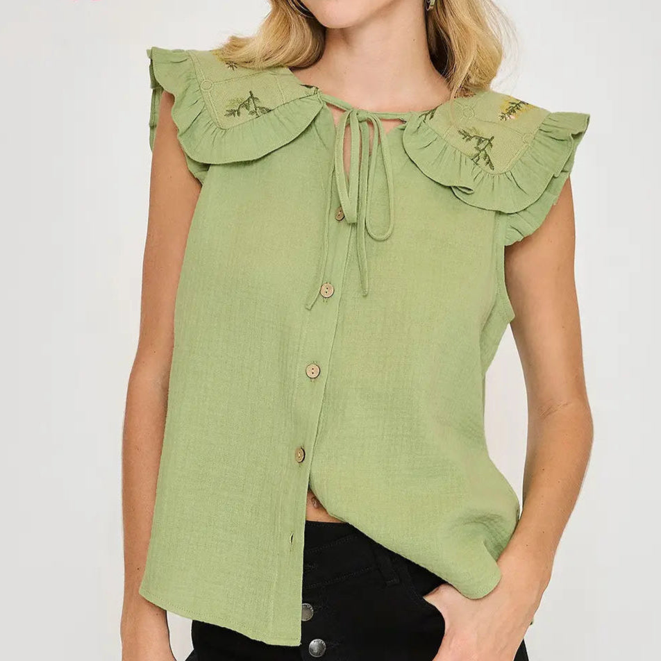 Sage Embroidered Sleeveless Button Down