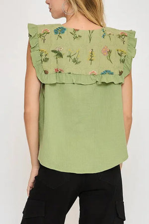 Sage Embroidered Sleeveless Button Down
