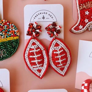 Red and White Beaded Football Earrings
