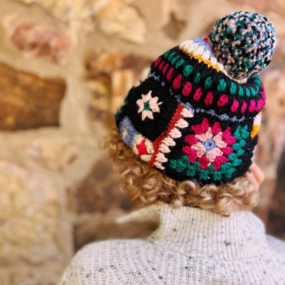Black Patchwork Crocheted Hat