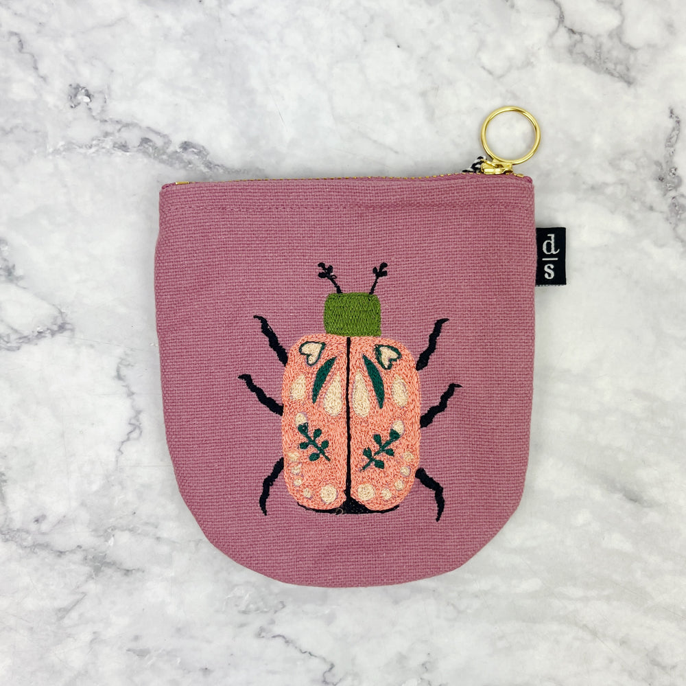 Embroidered Beetle Linen Pouch