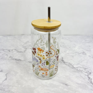 Flora and Fauna Glass Can Cup with Lid and Straw