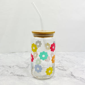 Rainbow Daisy Can Glass with Bamboo Lid and Straw