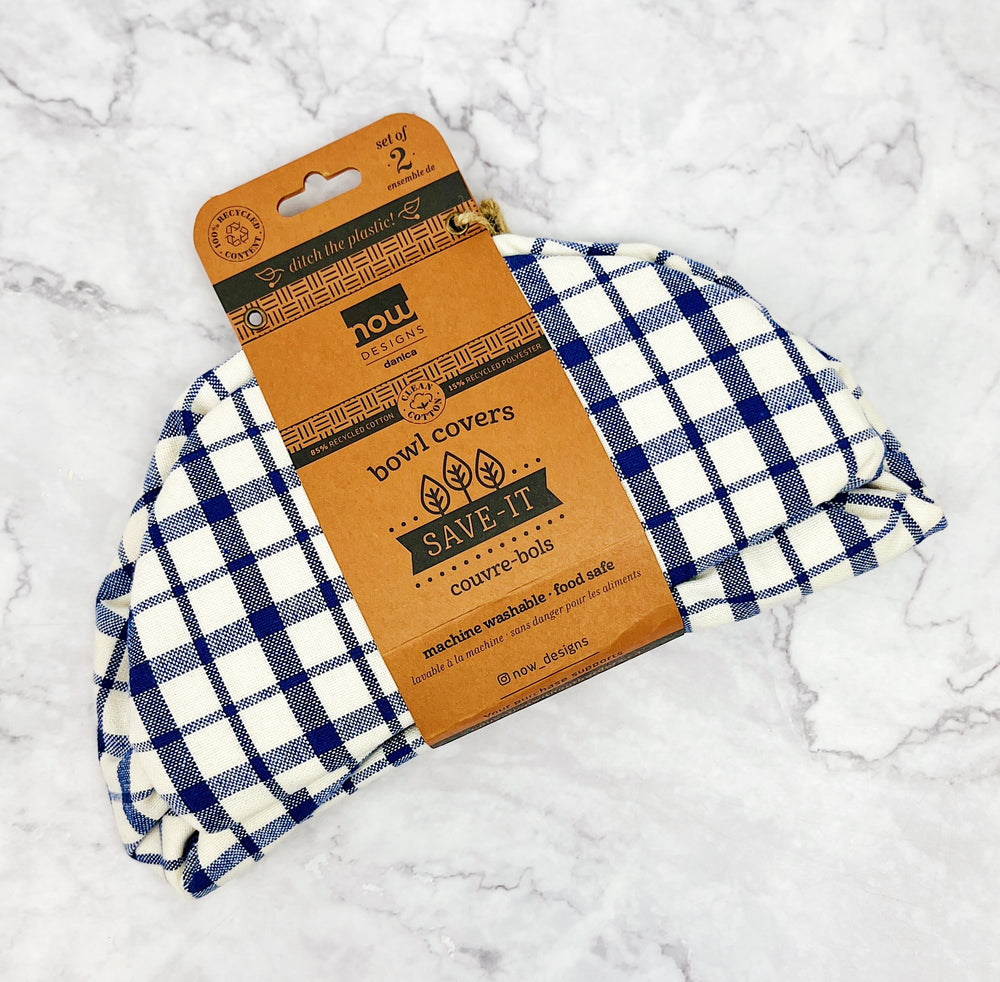 Set of Two Reusable Blue Plaid Bowl Covers