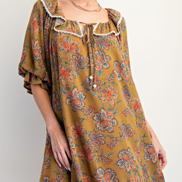 Puff Sleeve Floral Printed Dress