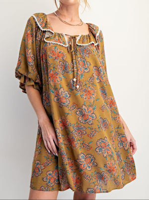 Puff Sleeve Floral Printed Dress