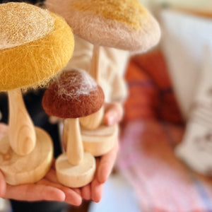 Chocolate Colored Wool & Wood Mushroom on Stand