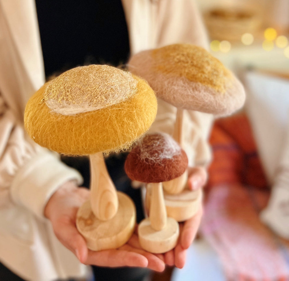 Mustard Colored Wool & Wood Mushroom on Stand