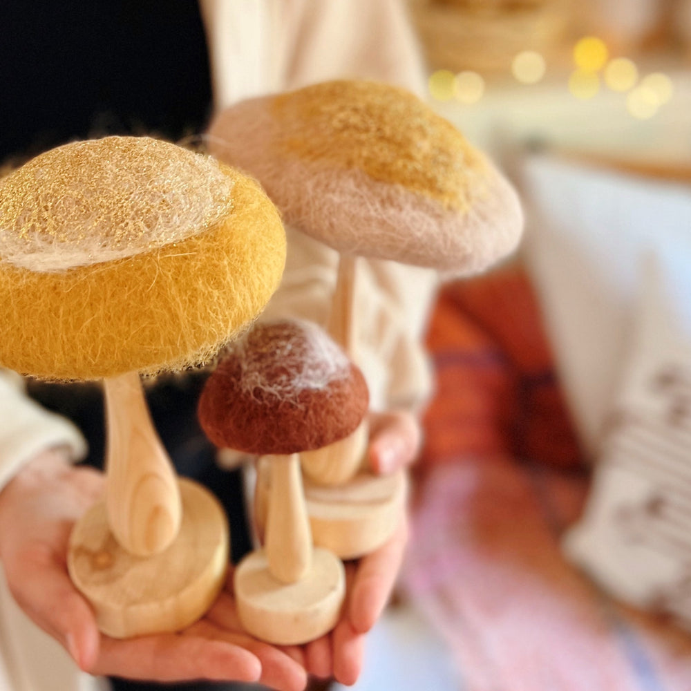 Oat Colored Wool & Wood Mushroom on Stand