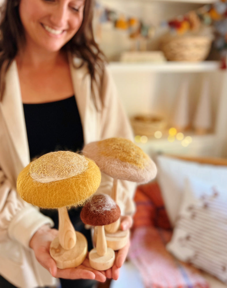 Oat Colored Wool & Wood Mushroom on Stand