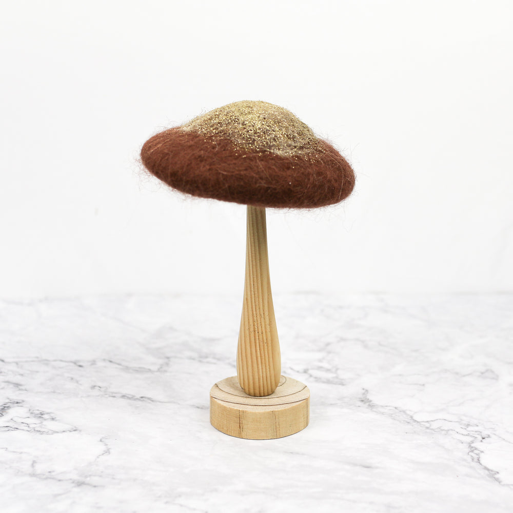 Chocolate Colored Wool & Wood Mushroom on Stand