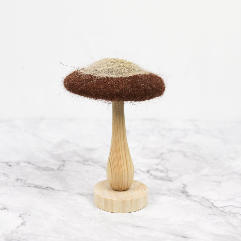 
                
                    Load image into Gallery viewer, Chocolate Colored Wool &amp;amp; Wood Mushroom on Stand
                
            