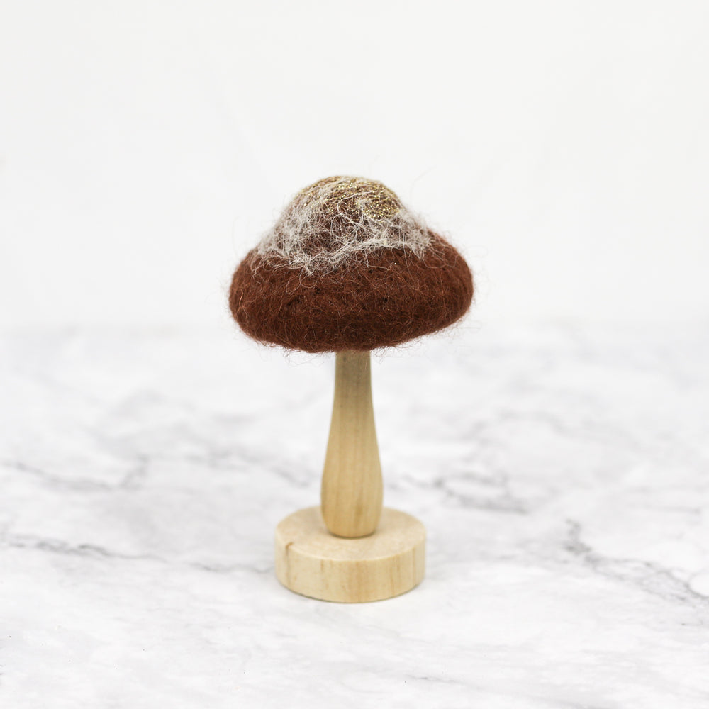 
                
                    Load image into Gallery viewer, Chocolate Colored Wool &amp;amp; Wood Mushroom on Stand
                
            