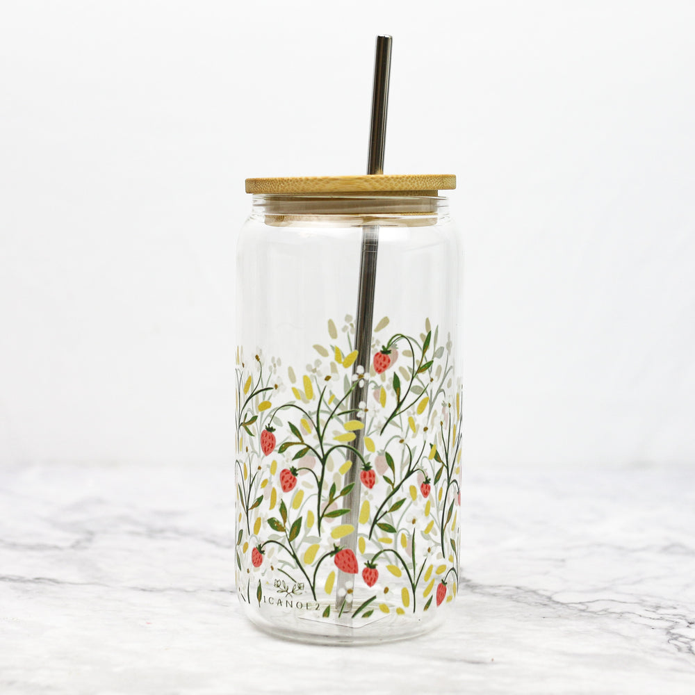 
                
                    Load image into Gallery viewer, Strawberry Meadow Glass Can Cup with Lid and Straw
                
            