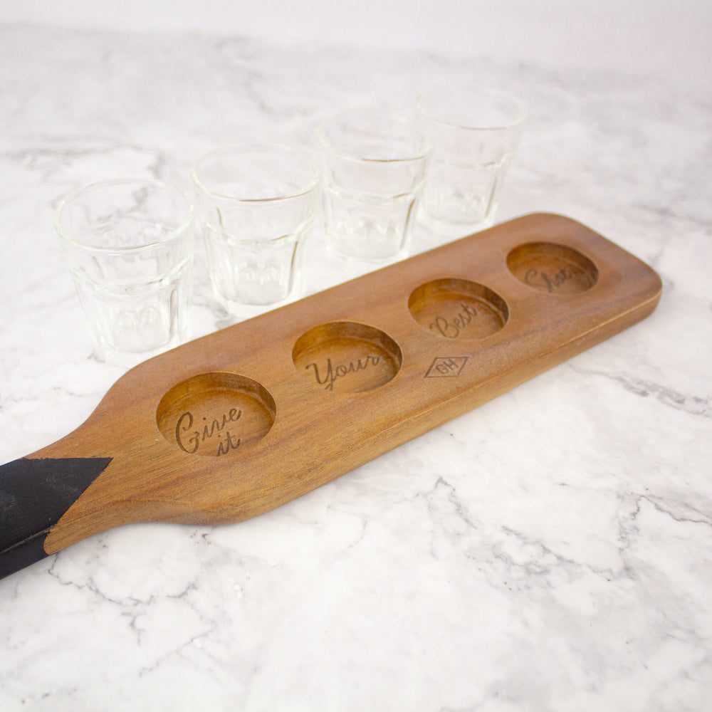 
                
                    Load image into Gallery viewer, Wooden Serving Paddle &amp;amp; Shot Glasses
                
            