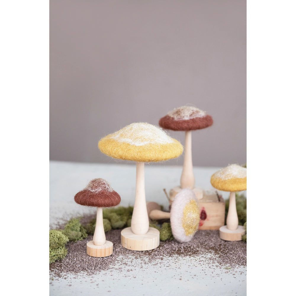Mustard Colored Wool & Wood Mushroom on Stand